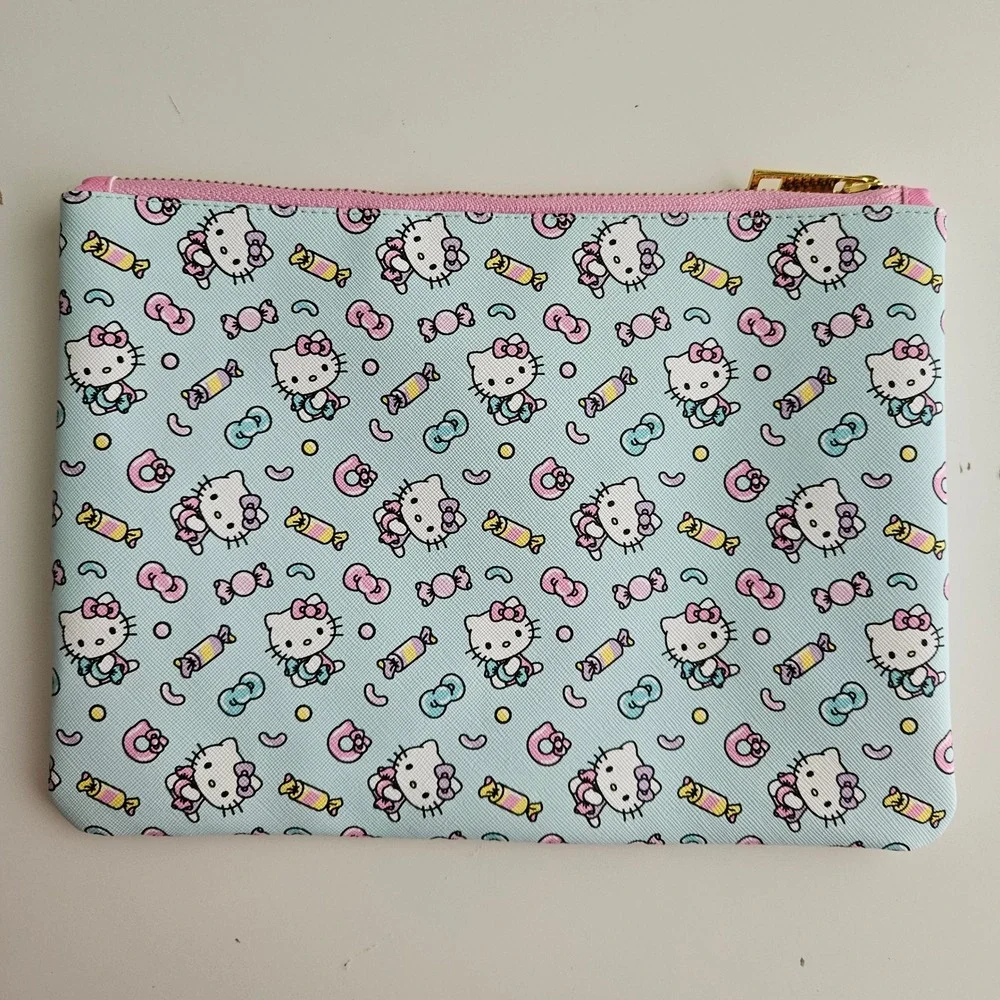 Sanrio 2024 Hello Kitty Pouch Cosmetic Blue Candy Print Zippered Bag 10in x 7in